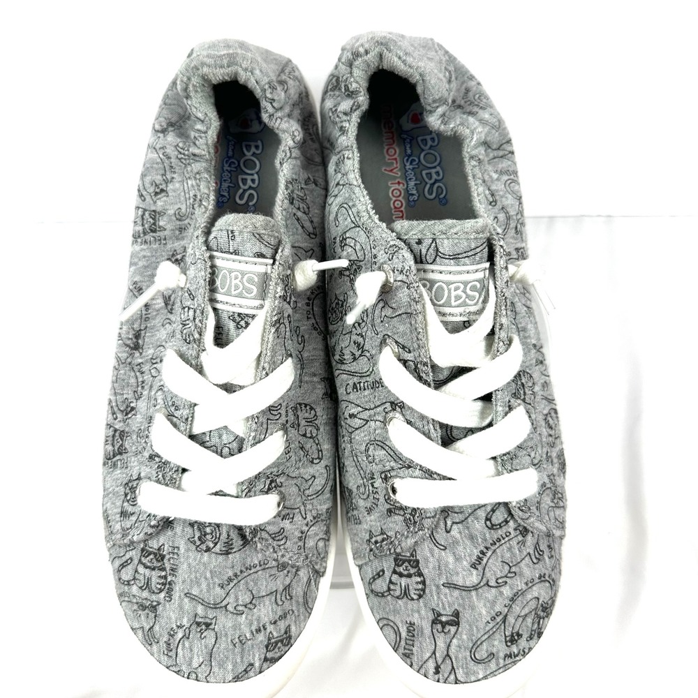 BOBS Beach Bingo Kitty City Gray Cat Print Women's Slip-On Sneakers Size 1033425